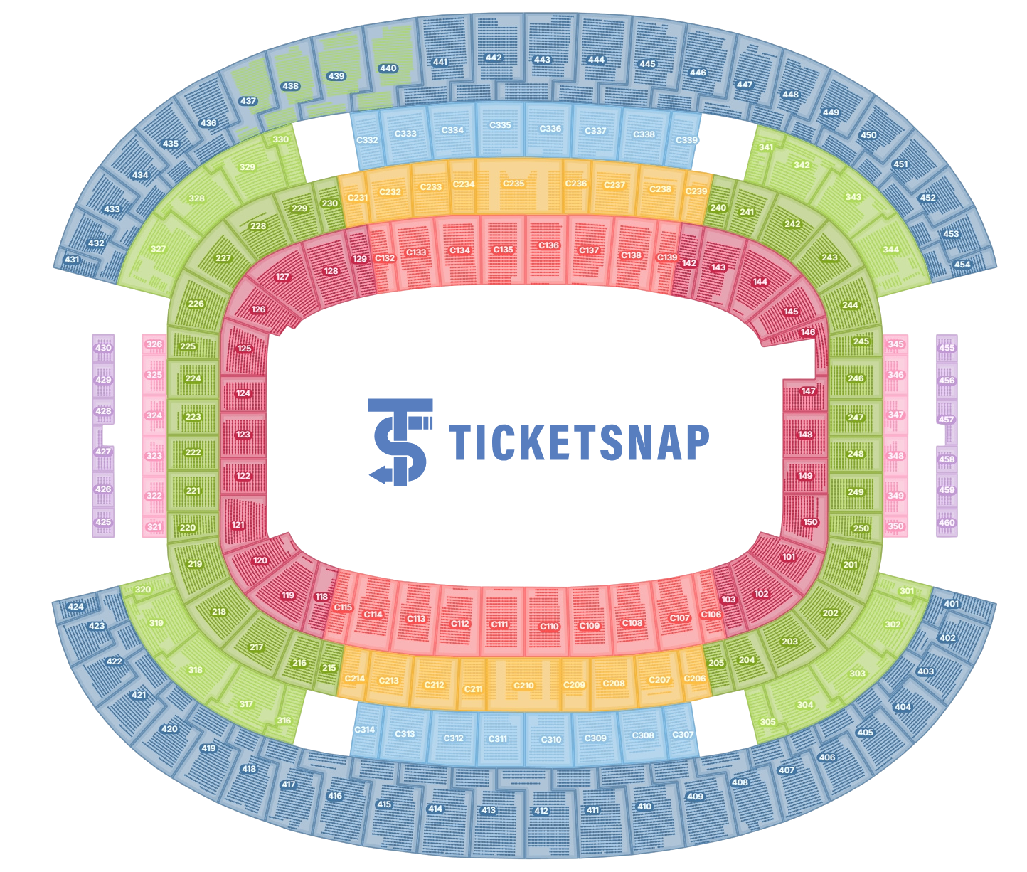 Interactive seat selection map showing colour-coded sections and available seats